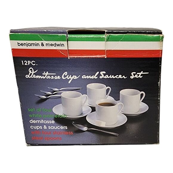 VINTAGE BENJAMIN & MEDWIN 8 PIECE WHITE DEMITASSE SET 4 CUPS/4 SAUCERS - Picture 1 of 8